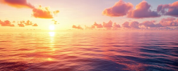 Fototapeta premium A serene sunset over calm ocean waters, with vibrant colors reflecting on the surface and soft clouds scattered in the sky.