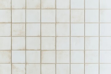 A textured wall of square tiles in muted colors, displaying variations in cleanliness and wear, creating a rustic and aged appearance.