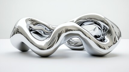 Smooth, flowing 3D chrome forms resembling liquid ribbons, intricately detailed and isolated on a matte white surface, ultra-clear 4K