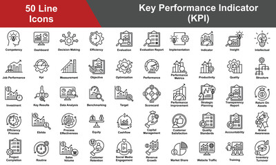 Key Performance Indicator Icon Set Collection. Containing Competency, Decision Making, Efficiency, Evaluation, Implementation, Indicator, Insight, KPI, Intellectual. Simple Line Vector Illustration.