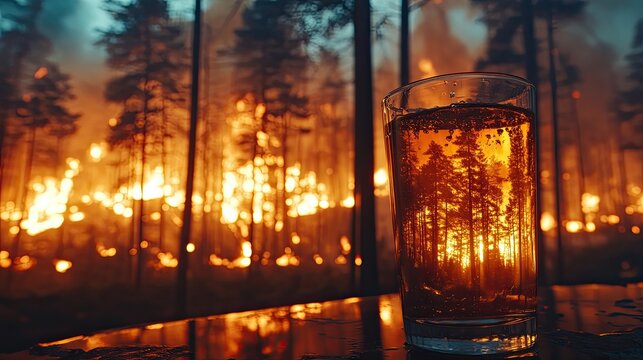 Glass of beverage reflecting a forest amidst a wildfire