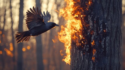 Fototapeta premium Bird soaring past a burning tree in a forest fire