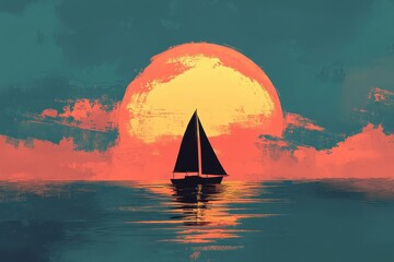 Naklejka premium Sailboat at Sunset Over Calm Ocean Waters
