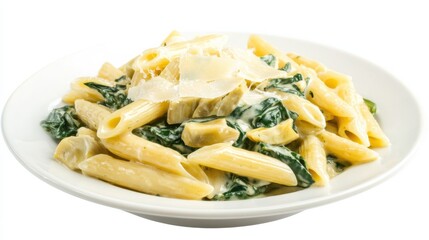 A plate of creamy spinach artichoke pasta with penne, spinach, artichoke hearts