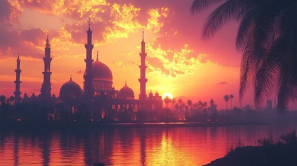 Fototapeta premium Elegant mosque silhouette glowing against a breathtaking sunset with golden and violet tones.