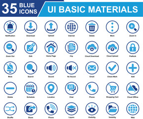 UI Basic Materials Icon Set Collection. Containing Notification, Download, Phone, Upload, Delete, Zoom In, Edit, Padlock, Email, Check Mark, Schedule, Add, Mute. Simple Blue Vector Illustration.