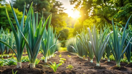Obraz premium Vibrant Green Leek Plants Growing in a Lush Garden Bed at Sunset