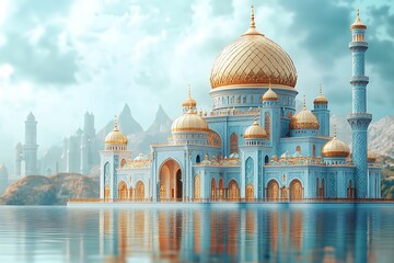 Obraz premium Islamic decoration background for Ramadan with lantern and mosque 3D rendering. 3D Illustration