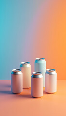 "Unbranded Beverage Cans on a Gradient Background" &ndash; A set of unbranded aluminum beverage cans with blank labels, placed against a vibrant gradient background for a stylish product presentation.
