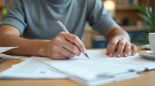 Parent signing papers at a desk in a school office, holding a pen, with documents and a cup of coffee on the desk