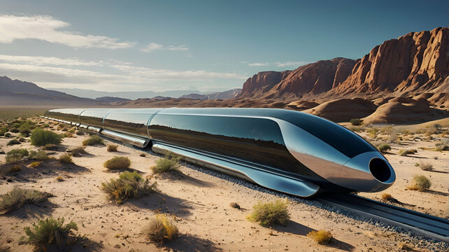 A hyperloop train traveling through a futuristic desert landscape

