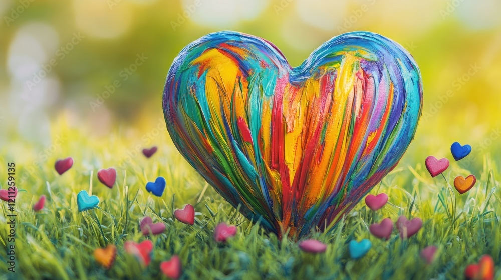 Fototapete large colorful heart highlighted in vibrant grass, with small surrounding hearts creating a whimsica