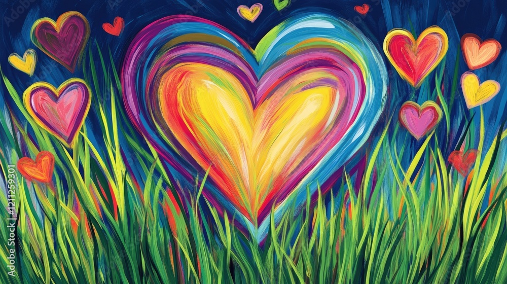 Fototapete large colorful heart highlighted in vibrant grass, with small surrounding hearts creating a whimsica