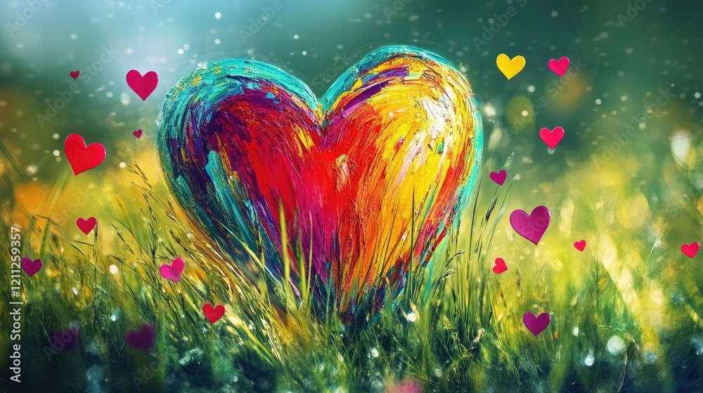 Fototapete large colorful heart highlighted in vibrant grass, with small surrounding hearts creating a whimsica