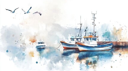 Watercolor illustration of a beautiful marina with boats, soft pastel colors of beige and purple-blue, seagulls on the water, buildings in the background, white background.