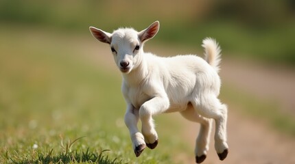Obraz premium Baby goat mid-leap, legs stretched, hovering above the ground with a playful expression, in a sunny farm setting.