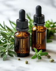 Fresh Herb Oil Bottles on White Marble Background
