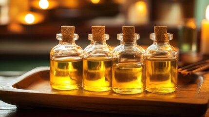 Warm Aromatic Oils in Glass Bottles on Wooden Tray