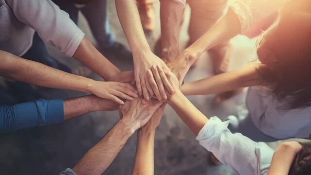 Overhead view of diverse team meeting in unity with hands together