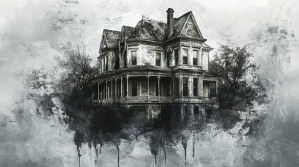 A decaying Victorian mansion stands amidst a dark landscape