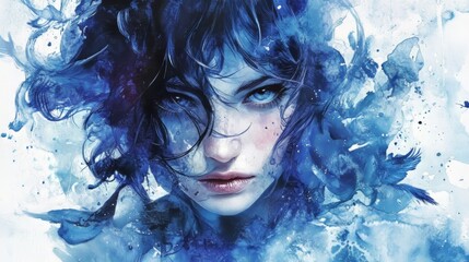 Fototapeta premium Woman's face, blue watercolor art