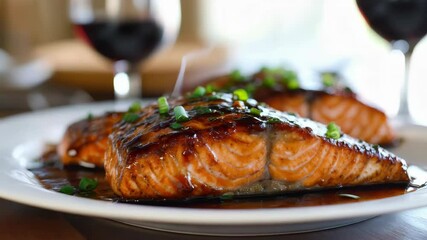 Glazed salmon sizzle: mouthwatering culinary delight with red wine pairing - Powered by Adobe