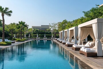 Serene Outdoor Pool Area with Stylish Cabana and Lush Surroundings in a Luxury Resort Setting, Perfect for Relaxation and Leisure Activities