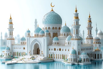 Fototapeta premium Islamic decoration background for Ramadan with lantern and mosque 3D rendering. 3D Illustration