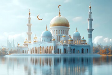 Obraz premium Islamic decoration background for Ramadan with lantern and mosque 3D rendering. 3D Illustration