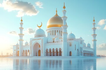 Obraz premium Islamic decoration background for Ramadan with lantern and mosque 3D rendering. 3D Illustration