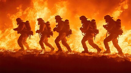 Fototapeta premium Firefighters battling flames in a dramatic blaze