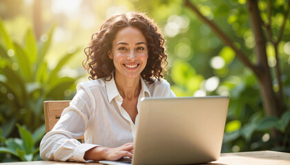 Smiling woman working on laptop in green garden