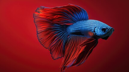 Fototapeta premium Vibrant betta fish swimming against a bold red background
