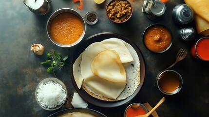 Flat lay of Indian lentils and other dosa with chutney