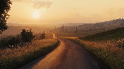 Fototapeta premium Golden Hour Road Trip: Scenic Highway Through Rolling Hills at Sunset
