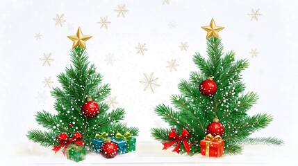 Christmas card with Christmas trees decorated with stars and balls with gifts on  a white background