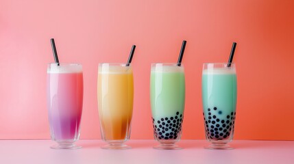 All flavors of Boba tea in glasses on a light pink background, tapioca pearls