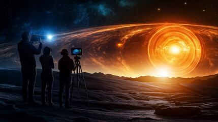 Space Tourists Exploring Celestial Maps in AR