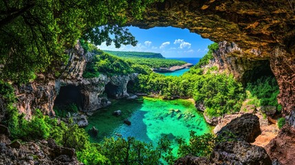 Coastal cave view; turquoise lagoon, lush greenery; summer vacation
