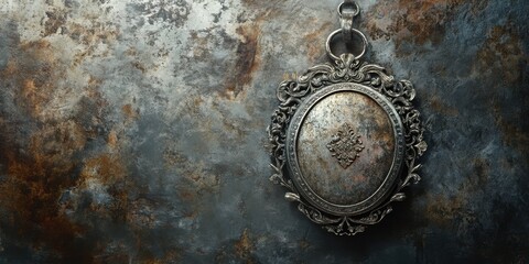 Naklejka premium Ornate Antique Silver Frame Hanging Against Dark Background