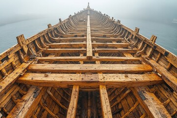 Obraz premium Wooden boat hull, weathered, misty sea.