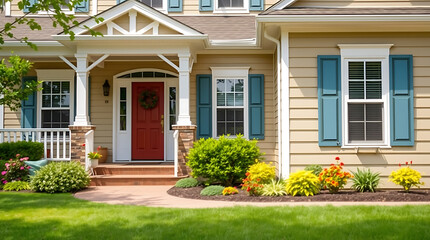 Dream House Exterior: Stunning Home Design with Landscaped Garden.  A perfect blend of architectural design and natural beauty creates a welcoming and serene atmosphere.