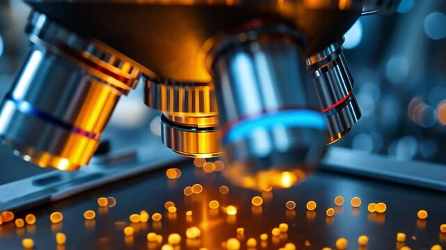 Microscope Lens in Focus: A close-up shot of a high-powered microscope's lens with glowing orange light, illuminating the intricate details of a microscopic world.  