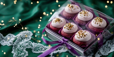Valentine special red velvet pastries with cream cheese frosting and edible gold flakes, displayed in a transparent gift box wrapped with a lavender ribbon, placed on a delicate lace-patterned wrap