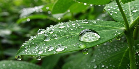 Macro close-up of fresh dew droplets on a vibrant green leaf in nature