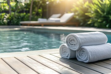 Serene Poolside Scene with Freshly Folded White Towels by a Reflective Swimming Pool Surrounded by Lush Greenery and Sunlit Ambiance