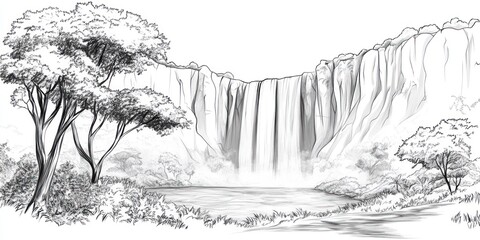 Fototapeta premium Majestic Waterfall Cascading Down Rocky Cliffs Amidst Lush Greenery