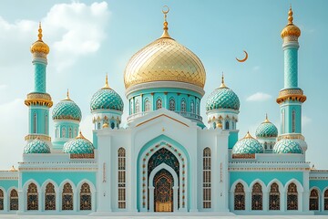 Obraz premium Islamic decoration background for Ramadan with lantern and mosque 3D rendering. 3D Illustration
