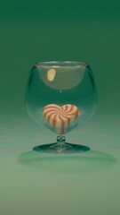 A heart-shaped red and white striped candy inside a transparent glass placed on a flat green surface