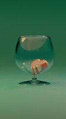 A clean glass holding a piece of red and white striped heart candy on a green-toned surface